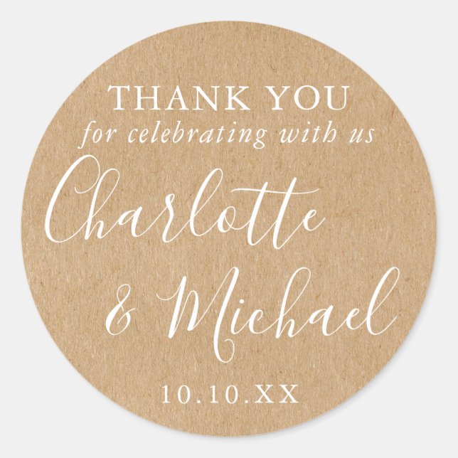 Rustic Kraft Signature Wedding Favor Thank You Classic Round Sticker (Front)