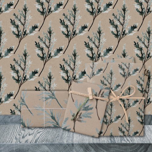 Rustic Kraft Silver Blue Spruce Tree Branches Wrapping Paper Sheets