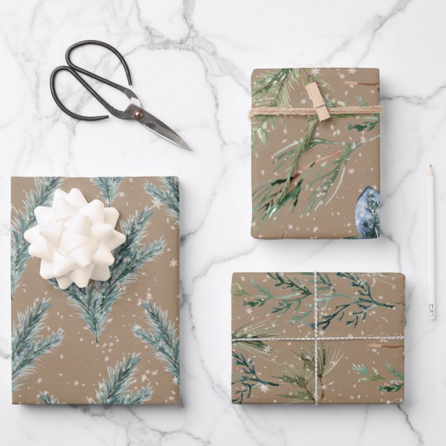 Rustic Kraft Silver Blue Spruce Winter Greenery Wrapping Paper Sheets (Front)
