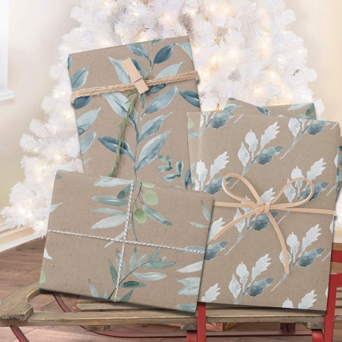 Rustic Kraft Silver Blue Winter Greenery Wrapping Paper Sheets