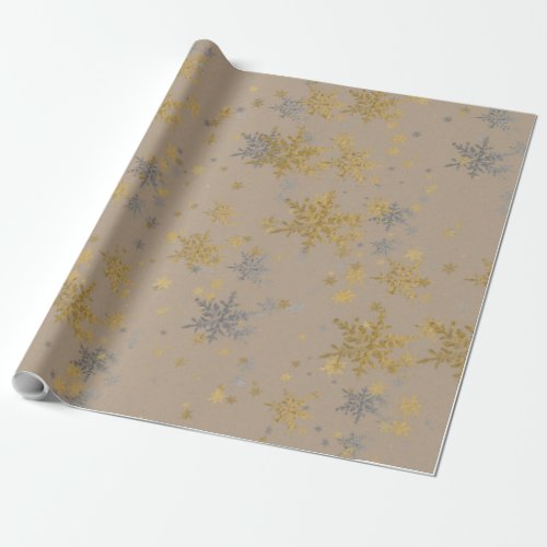 Rustic Kraft Silver  Gold Snowflakes Wrapping Paper