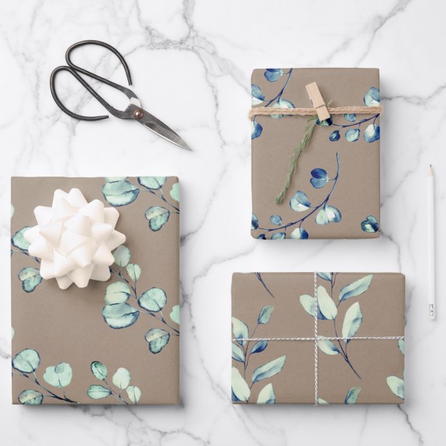 Rustic Kraft Silver Green Eucalyptus Sprigs Wrapping Paper Sheets (Front)