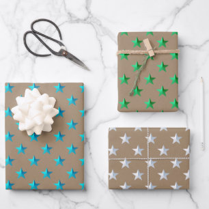 Rustic Kraft Silver Green Turquoise Blue Stars Wrapping Paper Sheets