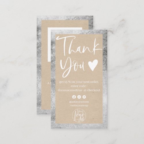 Rustic kraft silver white logo order thank you business card