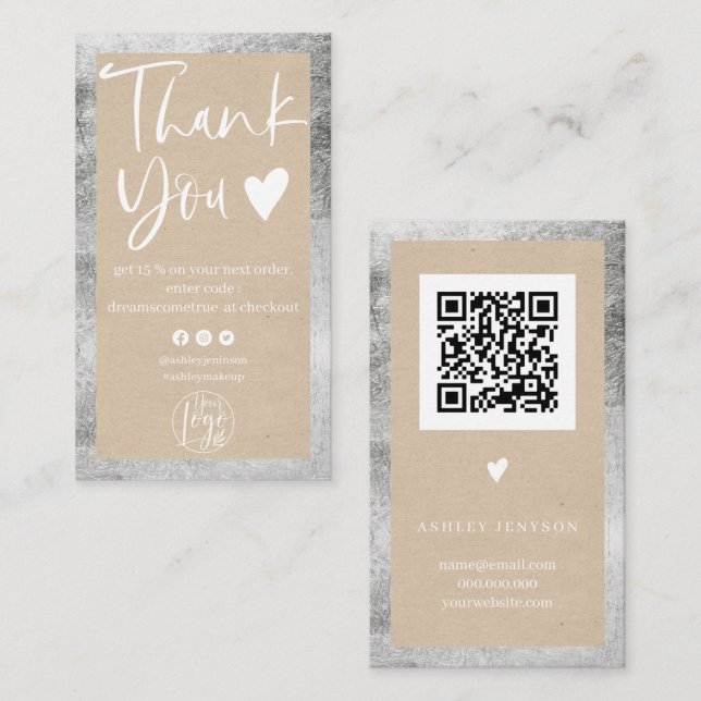 Rustic kraft silver white logo order thank you business card (Front/Back)
