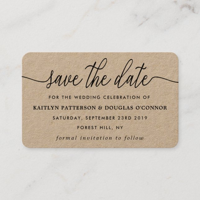 Rustic Kraft Simple Script Save The Date Business Card (Front)