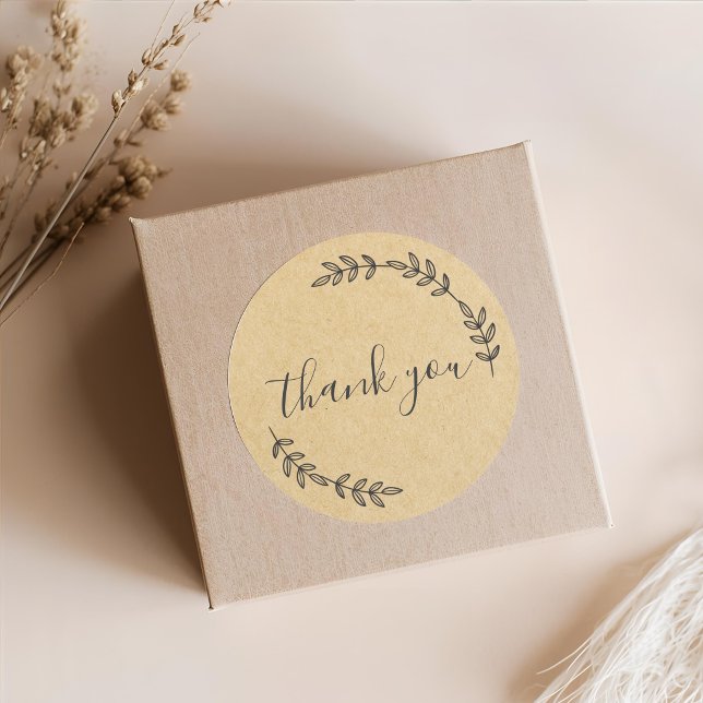 Rustic Kraft Simple Wreath Calligraphy Thank You Classic Round Sticker (Creator Uploaded)