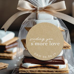 Rustic Kraft S'more Love Wedding Smores Favor Classic Round Sticker<br><div class="desc">Custom-designed S'mores wedding favor tags featuring "sending you s'more love" in elegant hand script design. Personalize with couple/bride and groom's initials and wedding date.</div>
