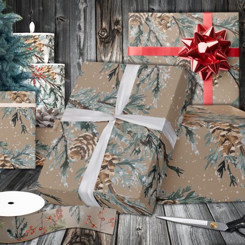 Rustic Kraft Snowy Blue Juniper Branch  Cones Wrapping Paper