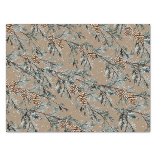 Rustic Kraft Snowy Blue Juniper Branches  Cones Tissue Paper