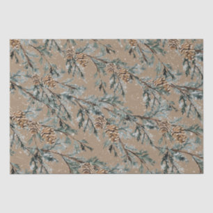 Rustic Kraft Snowy Blue Juniper Branches & Cones Tissue Paper