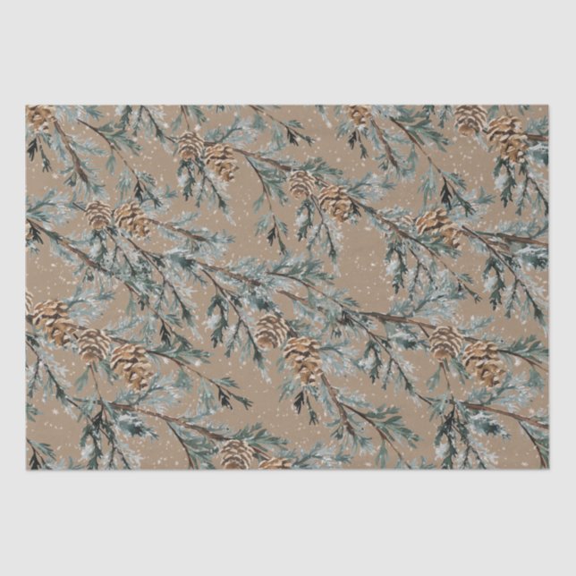 Rustic Kraft Snowy Blue Juniper Branches & Cones Tissue Paper (Front)