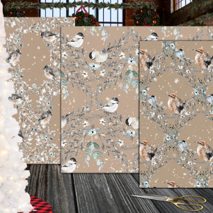 Rustic Kraft Snowy Dusty Blue Winter Birds Nesting Wrapping Paper Sheets