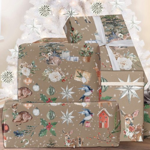 Rustic Kraft Snowy Reindeer  Everything Christmas Wrapping Paper