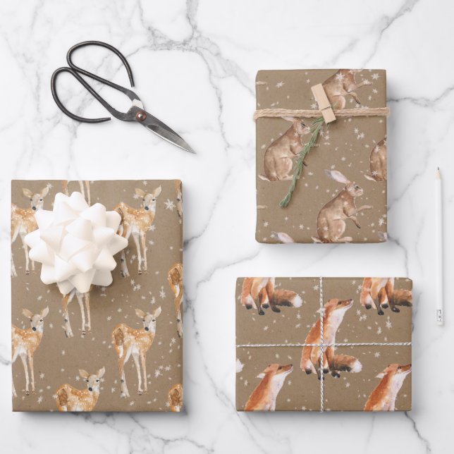 Rustic Kraft Snowy Winter Animals Wrapping Paper Sheets (Front)