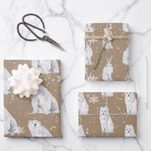 Rustic Kraft Snowy Winter Arctic Animals Matte Wrapping Paper Sheets