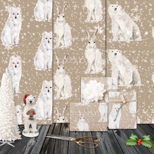 Rustic Kraft Snowy Winter Arctic Animals Wrapping Paper Sheets