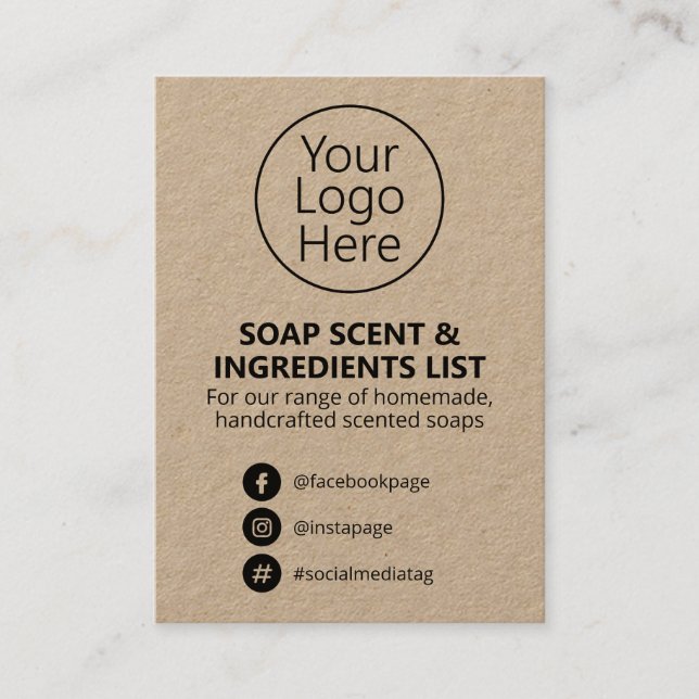 Rustic Kraft Soap Scent Ingredients List Logo Business Card (Front)