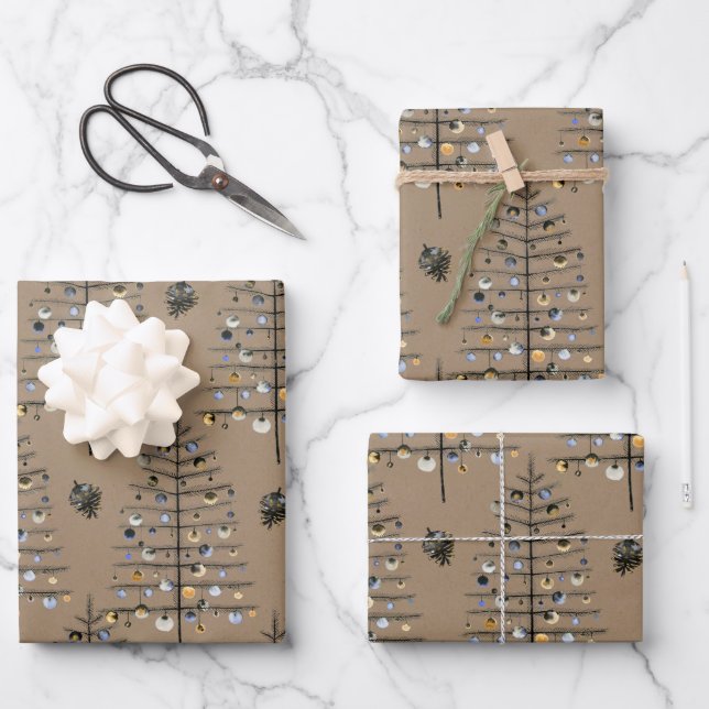 Rustic Kraft Sparse Black Christmas Tree Ornaments Wrapping Paper Sheets (Front)