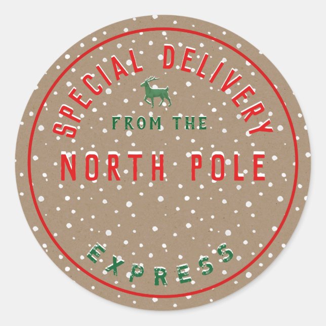 Rustic Kraft Special Delivery Official North Pole  Classic Round Sticker (Front)
