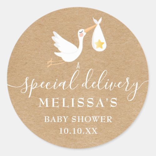 Rustic Kraft Special Delivery Stork Baby Shower Classic Round Sticker