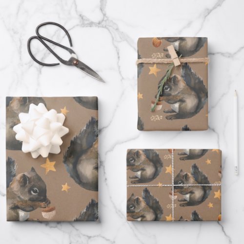 Rustic Kraft Squirrels  Gold Stars Wrapping Paper Sheets