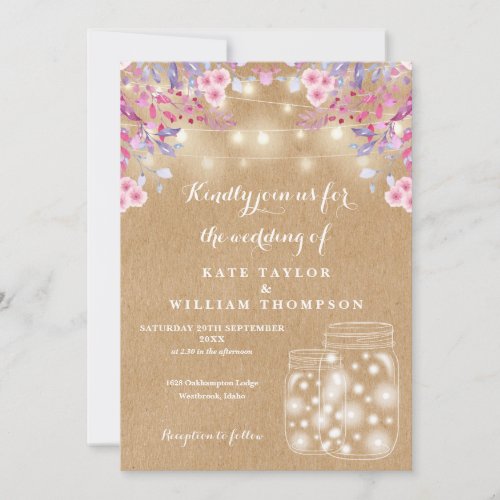 Rustic Kraft String Light Mason Jar Floral Wedding Invitation