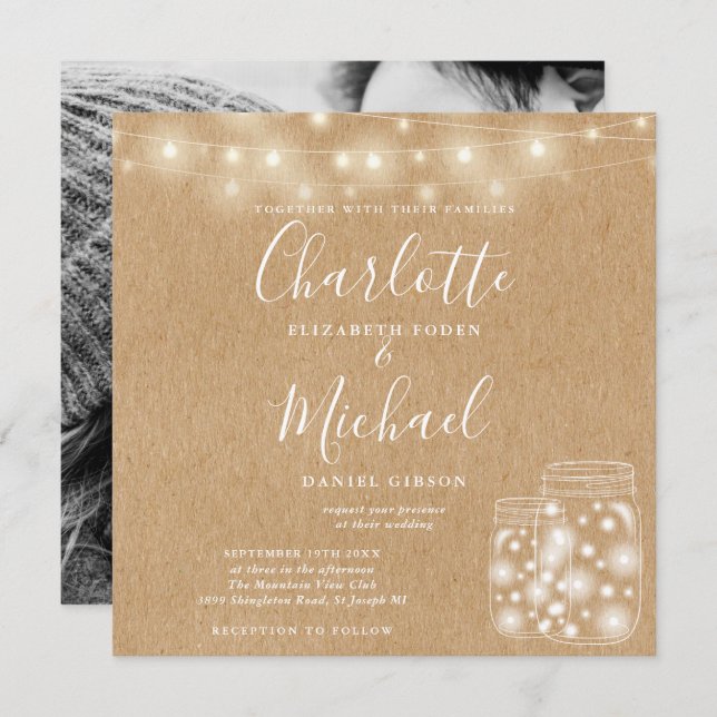 Rustic Kraft String Light Mason Jar Wedding Photo Invitation (Front/Back)