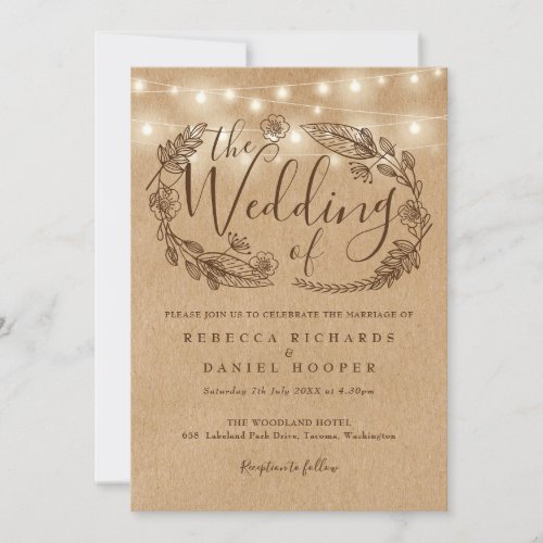 Rustic Kraft String Lights Floral Wedding Invitation