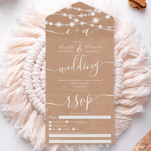 Rustic kraft string lights initials script wedding all in one invitation