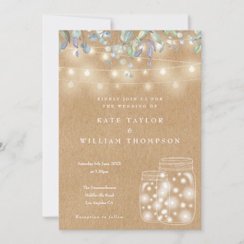 Rustic Kraft String Lights Mason Jar Wedding Invitation