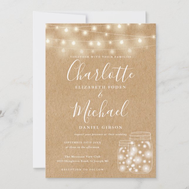 Rustic Kraft String Lights Mason Jars Wedding Invitation (Front)