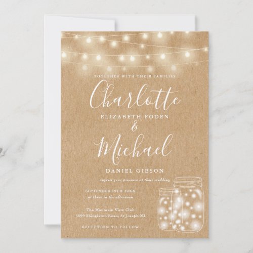 Rustic Kraft String Lights Mason Jars Wedding Invitation