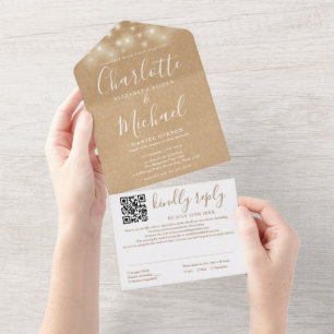 Rustic Kraft String Lights QR Code Wedding  All In One Invitation