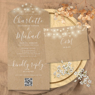 Rustic Kraft String Lights QR Code Wedding  All In One Invitation
