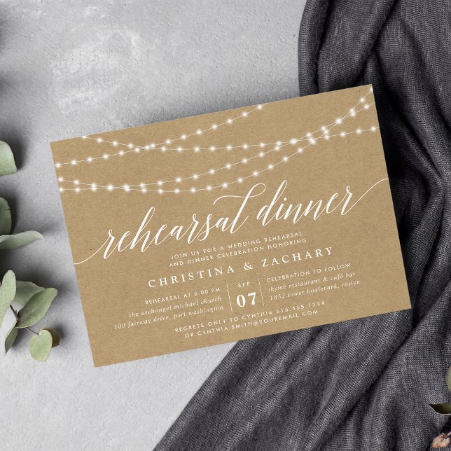 Rustic Kraft String Lights Rehearsal Dinner Invitation (Creator Uploaded)