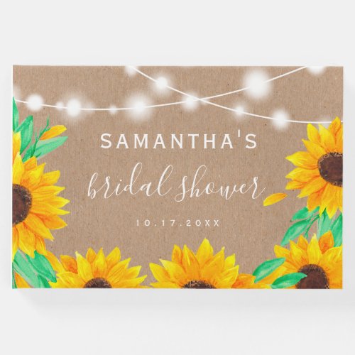 Rustic kraft string lights sunflower bridal shower guest book