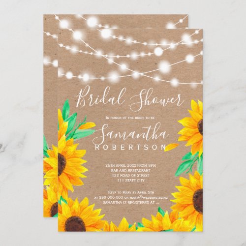 Rustic kraft string lights sunflower bridal shower invitation