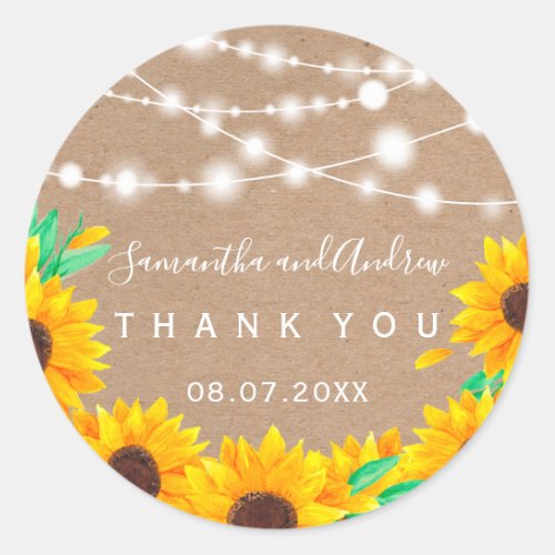 Rustic kraft string lights sunflower Thank you Classic Round Sticker