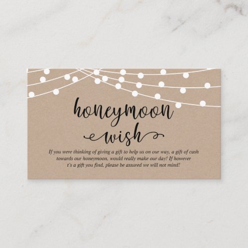 Rustic kraft string lights Wedding Honeymoon Wish Enclosure Card