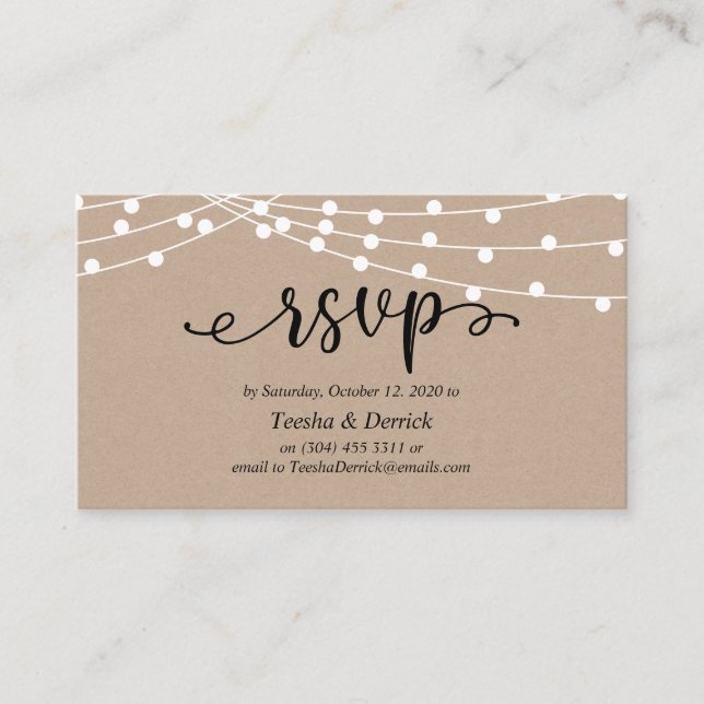 Rustic kraft string lights, Wedding RSVP Enclosure Card (Front)