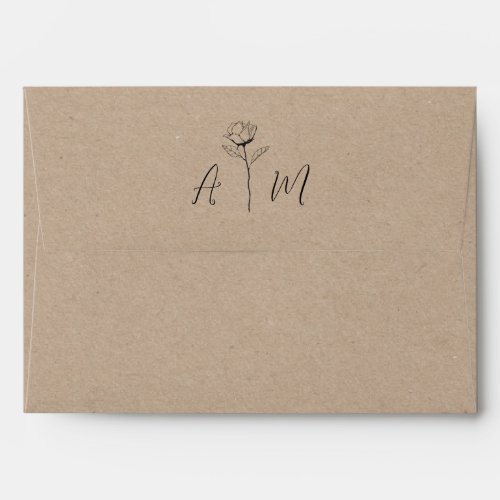 Rustic Kraft Style Drawn Rose Monogram Wedding Envelope