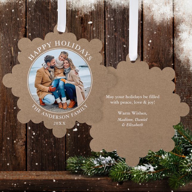 Rustic Kraft Style Happy Holidays Photo Ornament Card (A greeting card that is also an ornament! Customize with your photo and personalized text.)