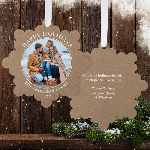 Rustic Kraft Style Happy Holidays Photo Ornament Card