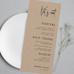 Rustic Kraft Style Let's Eat Script Simple Wedding Menu<br><div class="desc">This earthy wedding menu featuring custom text and modern script would make a wonderful addition to your party! Easily change the text by clicking on the "personalize this template" option.</div>