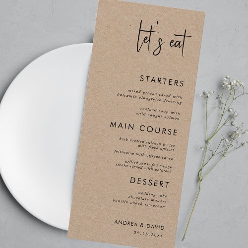Rustic Kraft Style Lets Eat Script Simple Wedding Menu