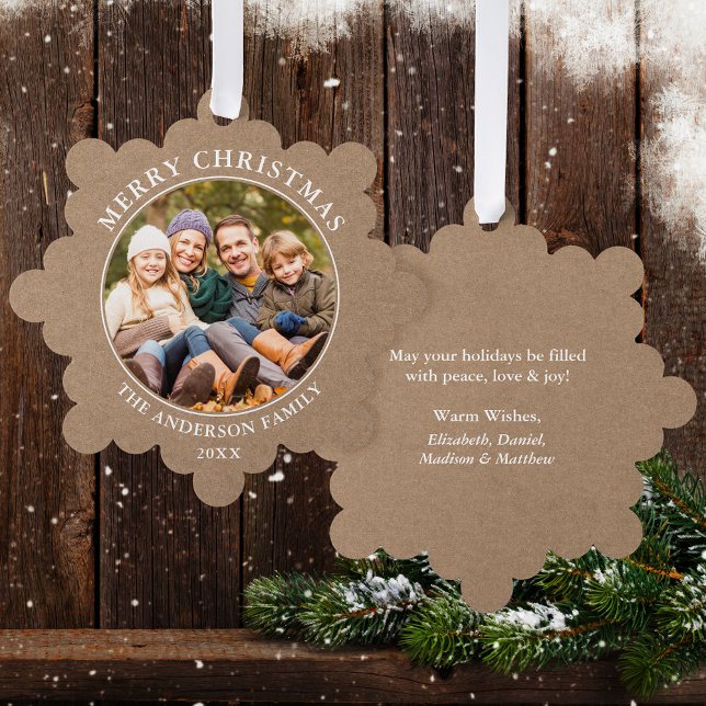 Rustic Kraft Style Merry Christmas Photo Ornament Card (A greeting card that is also an ornament! Customize with your photo and personalized text.)