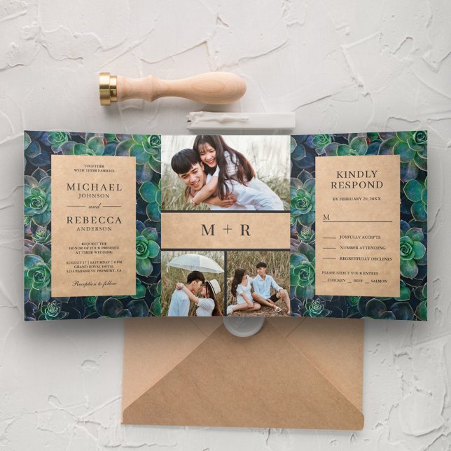Rustic Kraft Succulents Photo Collage Wedding Tri-Fold Invitation (Creator Uploaded)