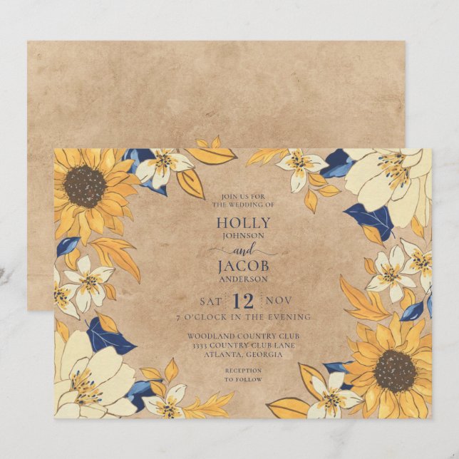 Rustic Kraft Sunflower Blue Yellow Floral Wedding Invitation (Front/Back)