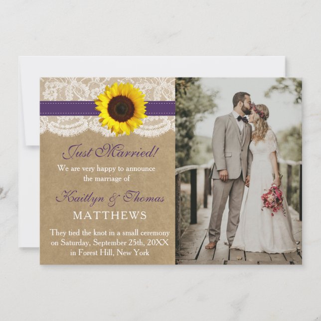 Rustic Kraft Sunflower Wedding Photo Marriage Announcement (Front)